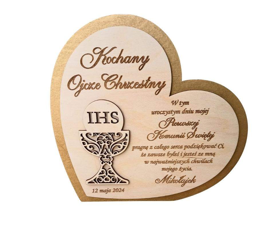 Złote serce pamiątka Komunii Świętej Personalizowane ze złotym dekorem 0