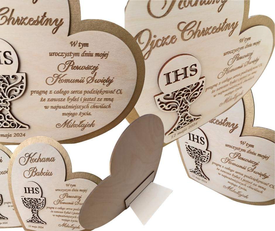 Złote serce pamiątka Komunii Świętej Personalizowane ze złotym dekorem 3