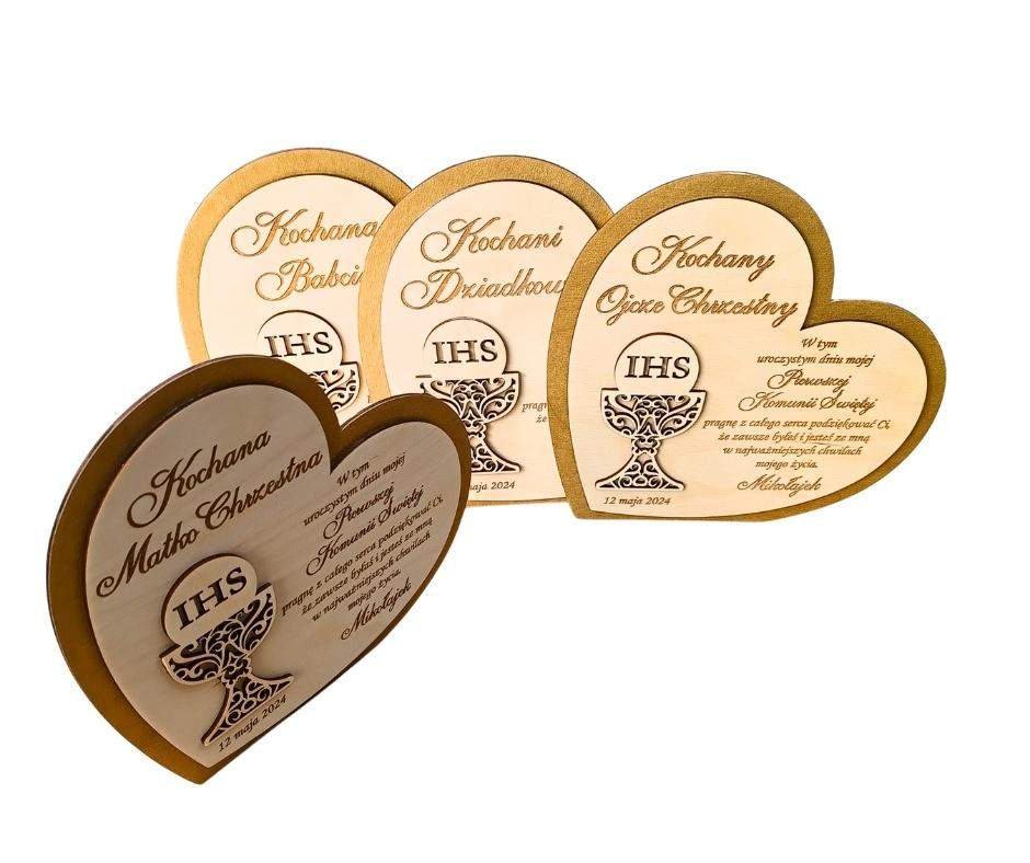 Złote serce pamiątka Komunii Świętej Personalizowane ze złotym dekorem 2