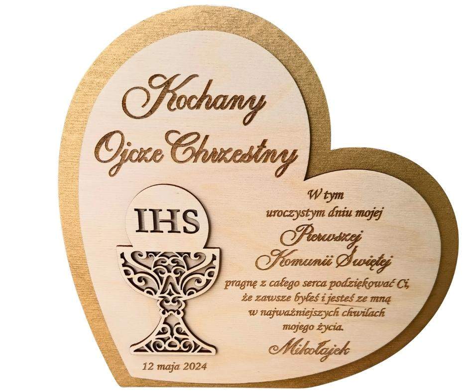 Złote serce pamiątka Komunii Świętej Personalizowane ze złotym dekorem 4